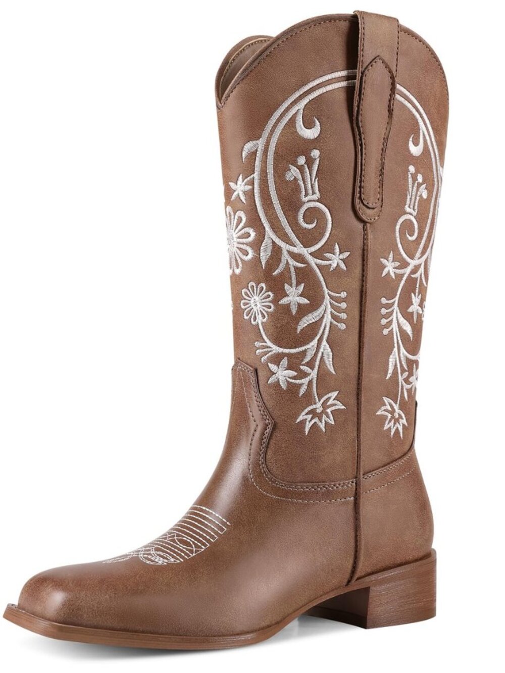 Cowboy Boots for Women Mid Calf Cowgirl Boots Square Toe Pull On Low Chunky Heel